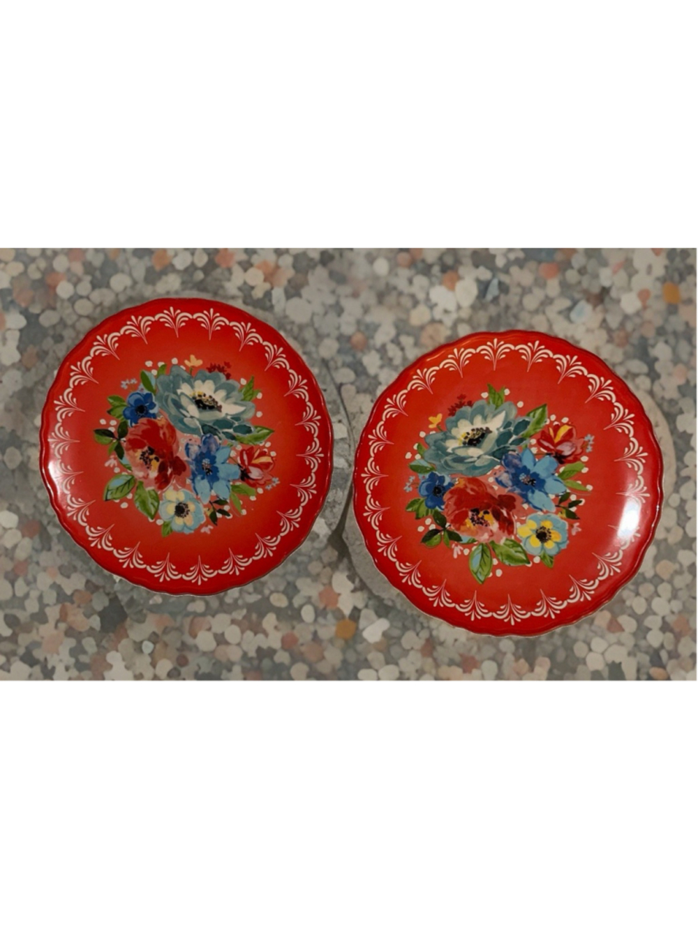 Pioneer Woman 8.5" Melody Red Floral Plates Set Of 2 Spring Scalloped Edge EPOC